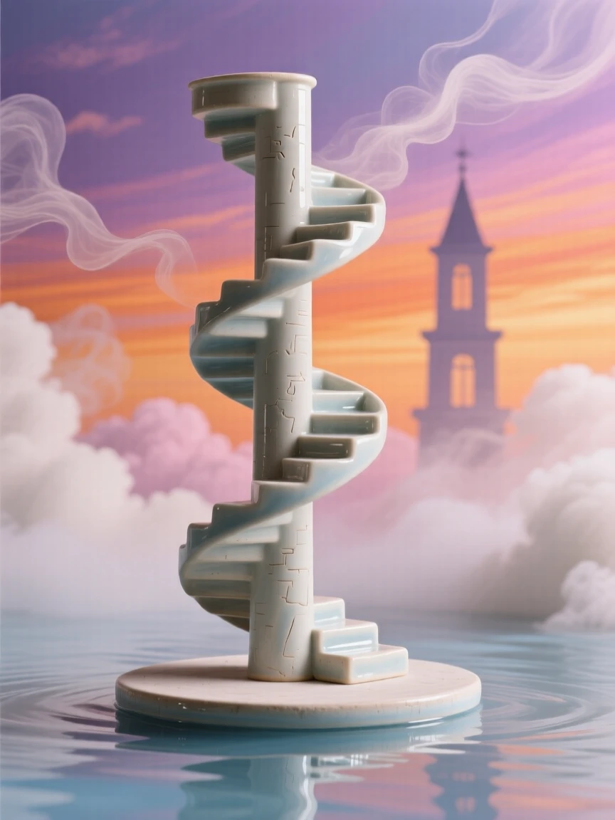 A spiral staircase tower rising toward the clouds reflected in the still waters below, its silhouette sharp against a colorful sky, radiating peaceful, storybook charm.