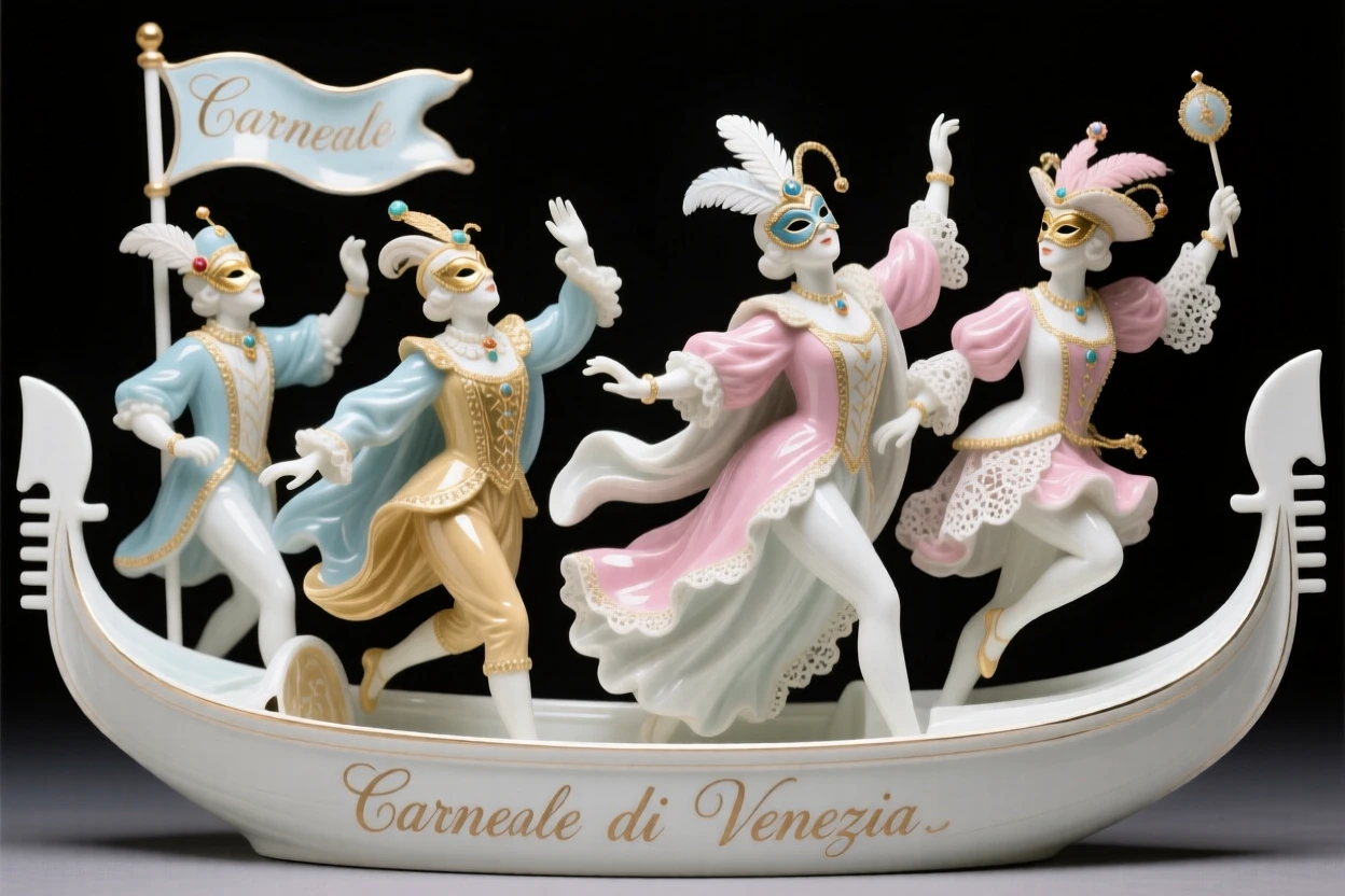 A vibrant Venetian carnival celebration, captured mid-motion with dynamic energy.