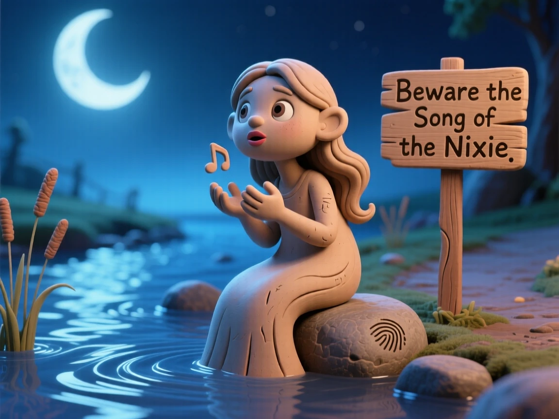 A nixie luring travelers with song beside a moonlit stream