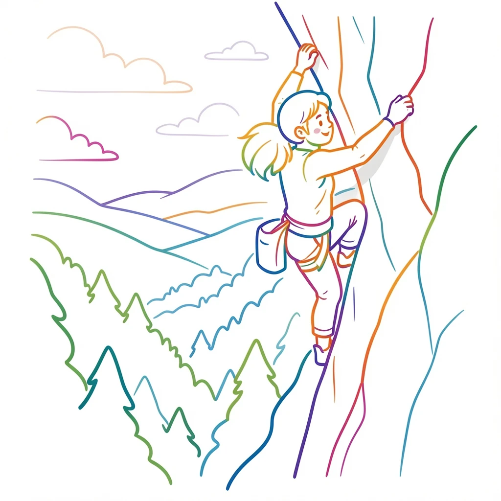 A rock climber reaching for a handhold high above a forested valley.