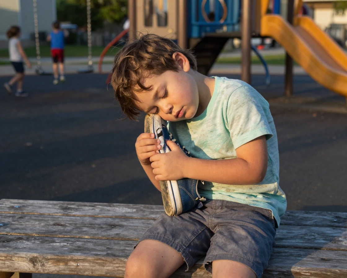 A child falls asleep clutching a single sneaker after a long day at the playground.