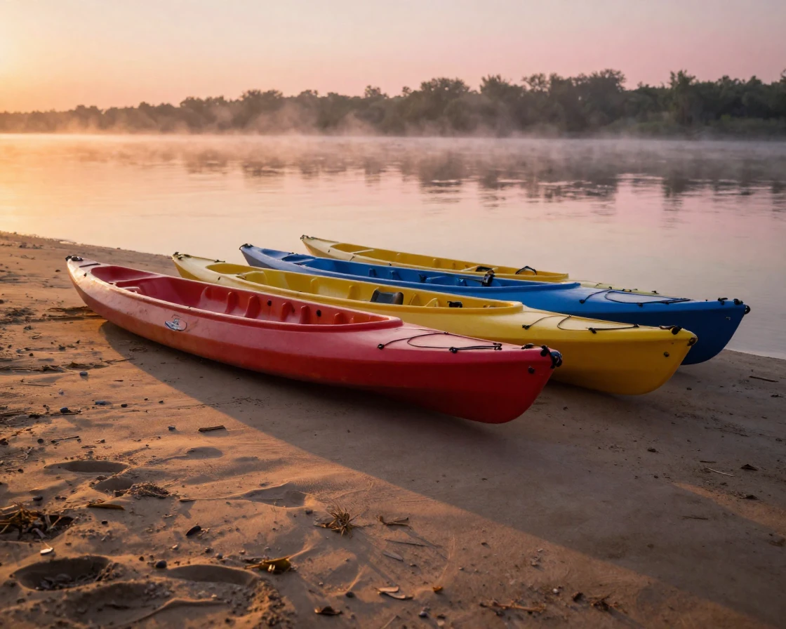 A row of colorful kayaks lined up on a sandy riverbank at sunrise