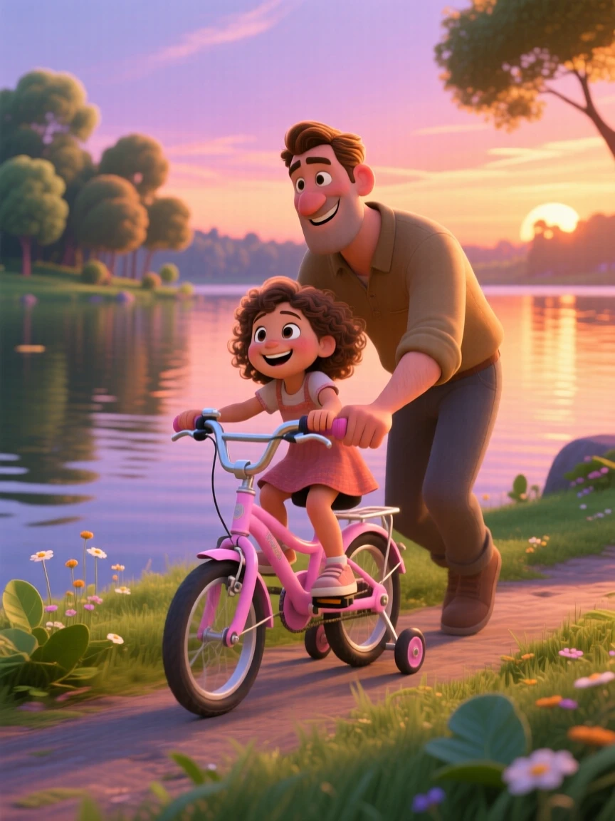 A father teaching his daughter to ride a bike unfolds beside a calm lake at sunset, with soft golden light framing the moment. The mood is triumphant, warm, and full of love.