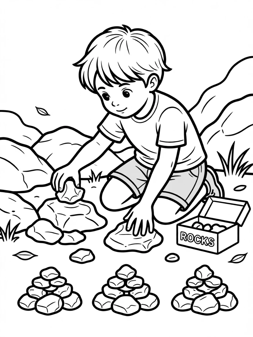 A child collecting rocks and sorting them by color