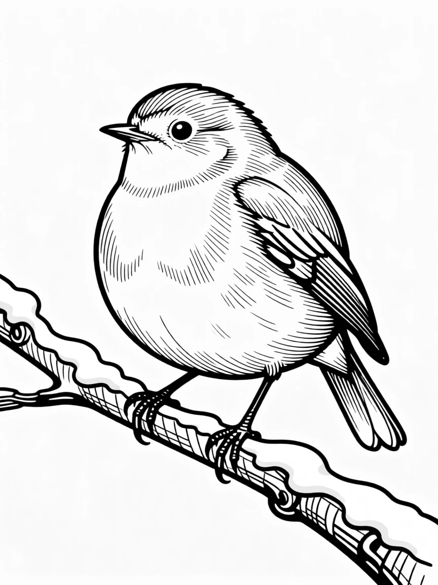 A round-bodied robin perched on a snowy branch