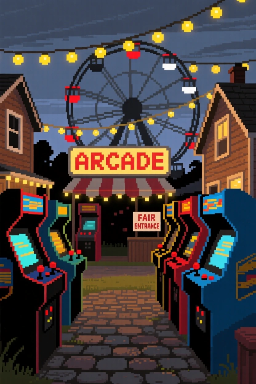 A classic arcade with rows of glowing machines lit by string lights strung between houses, at a small-town fair with a ferris wheel.