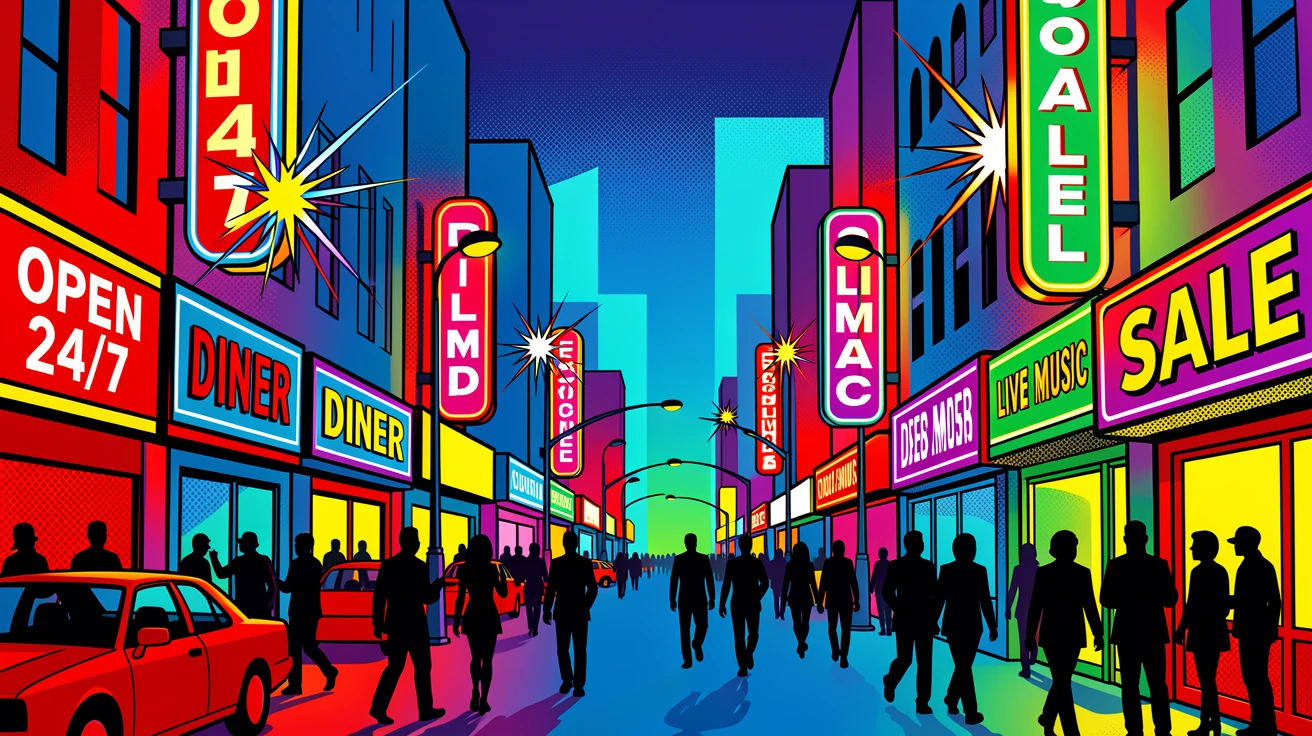 A busy city street lit with illuminated signs at night