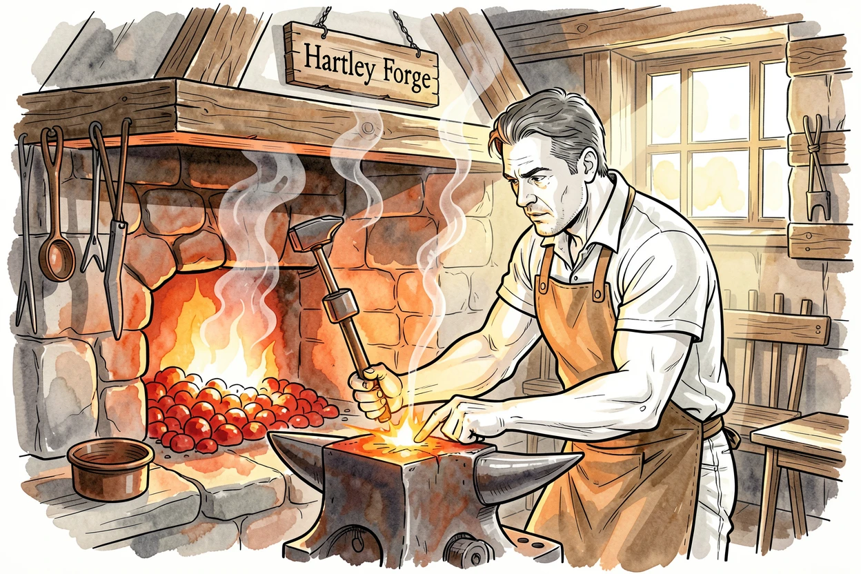 A blacksmith hammering glowing metal at a rustic forge, warm natural light illuminating the workspace.