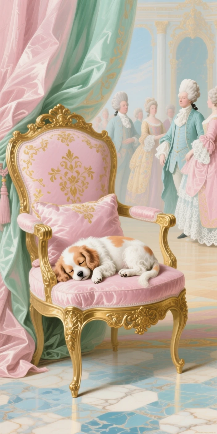 A royal puppy sleeping beneath a gilded chair during a reception  