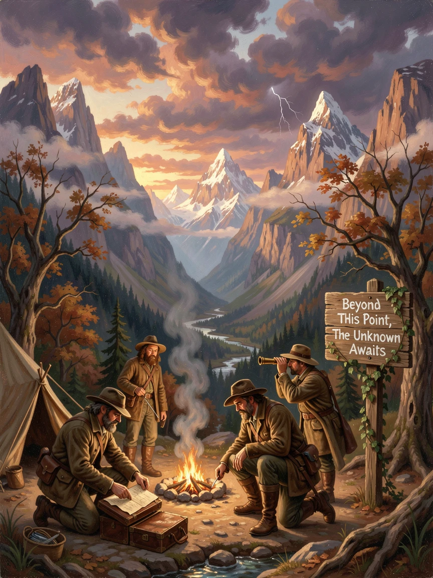 A team of adventurers sets up camp within a towering, unmapped mountain range at the edge of the known world.