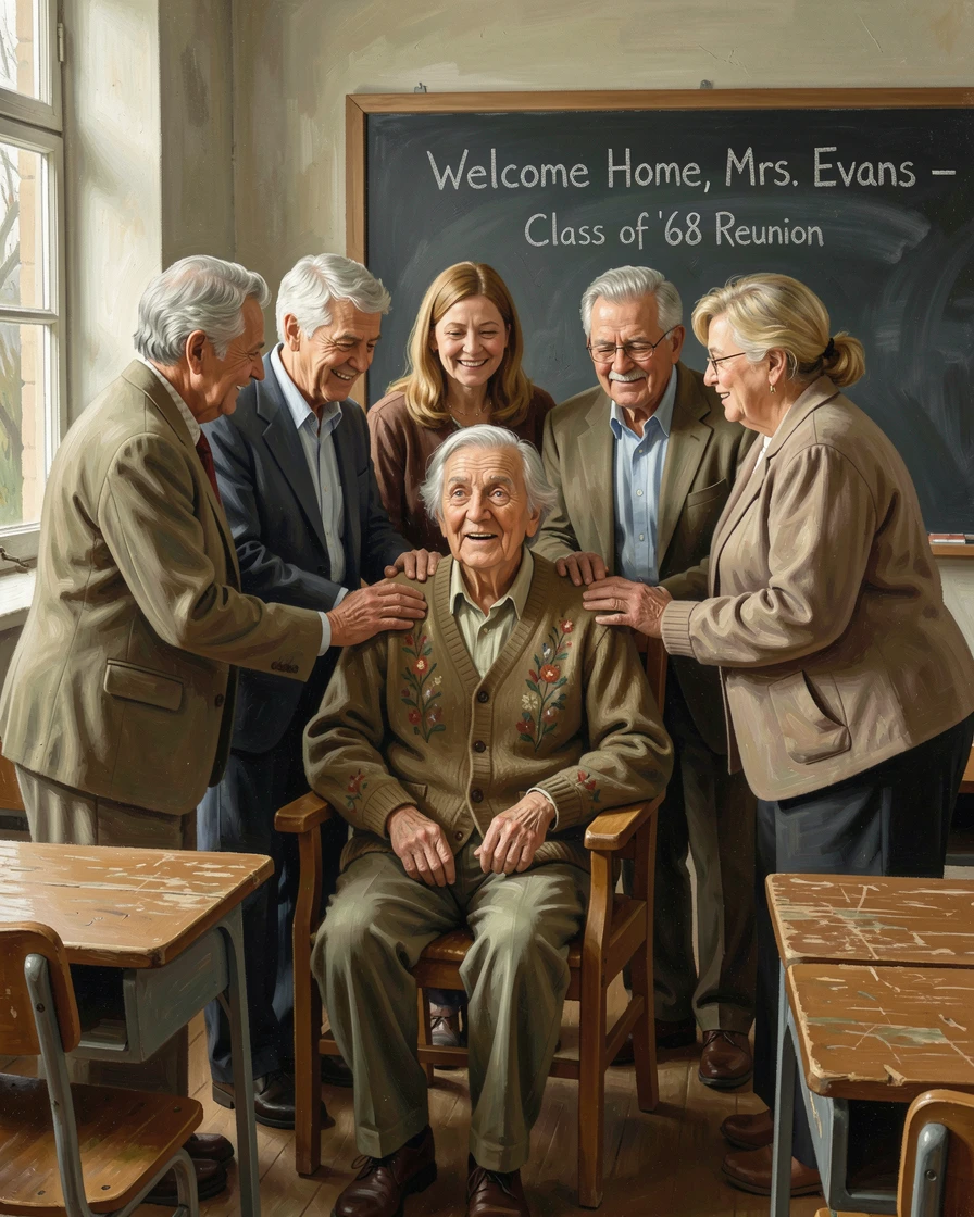 A retired teacher receiving a surprise reunion from decades of former students, as the moment feels both deeply personal and universally relatable, evoking deep emotion and a profound sense of shared humanity