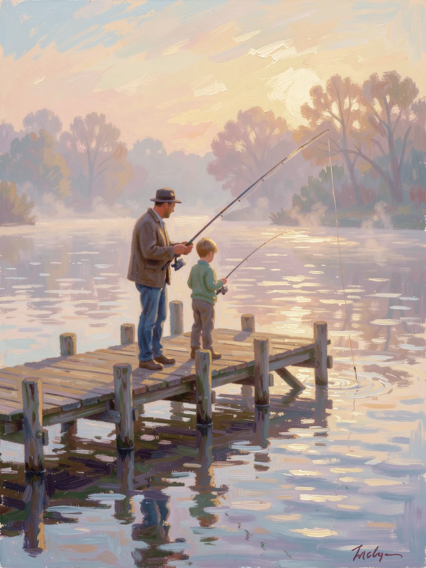 A father teaching his son to fish from a wooden pier at sunrise, mist rising gently off the water, filled with warmth and nostalgia.