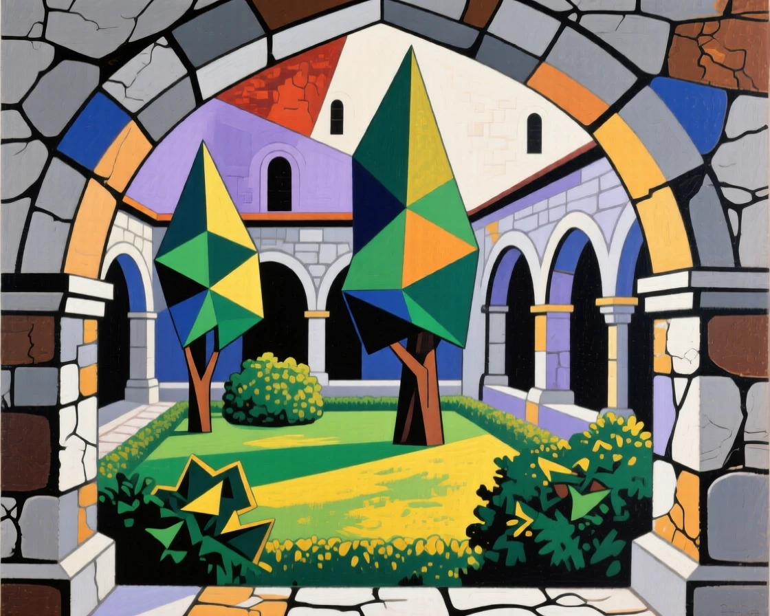 A quiet monastery cloister with stone arches surrounding a peaceful garden.