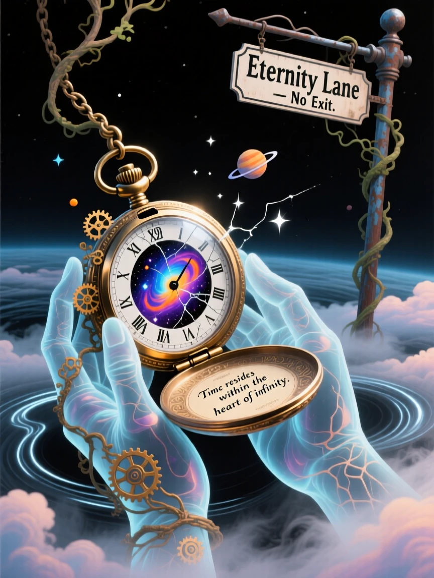 A tiny universe swirling inside an antique pocket watch seems impossibly vast for such a small container, as a soft hum of unseen life drifts outward.