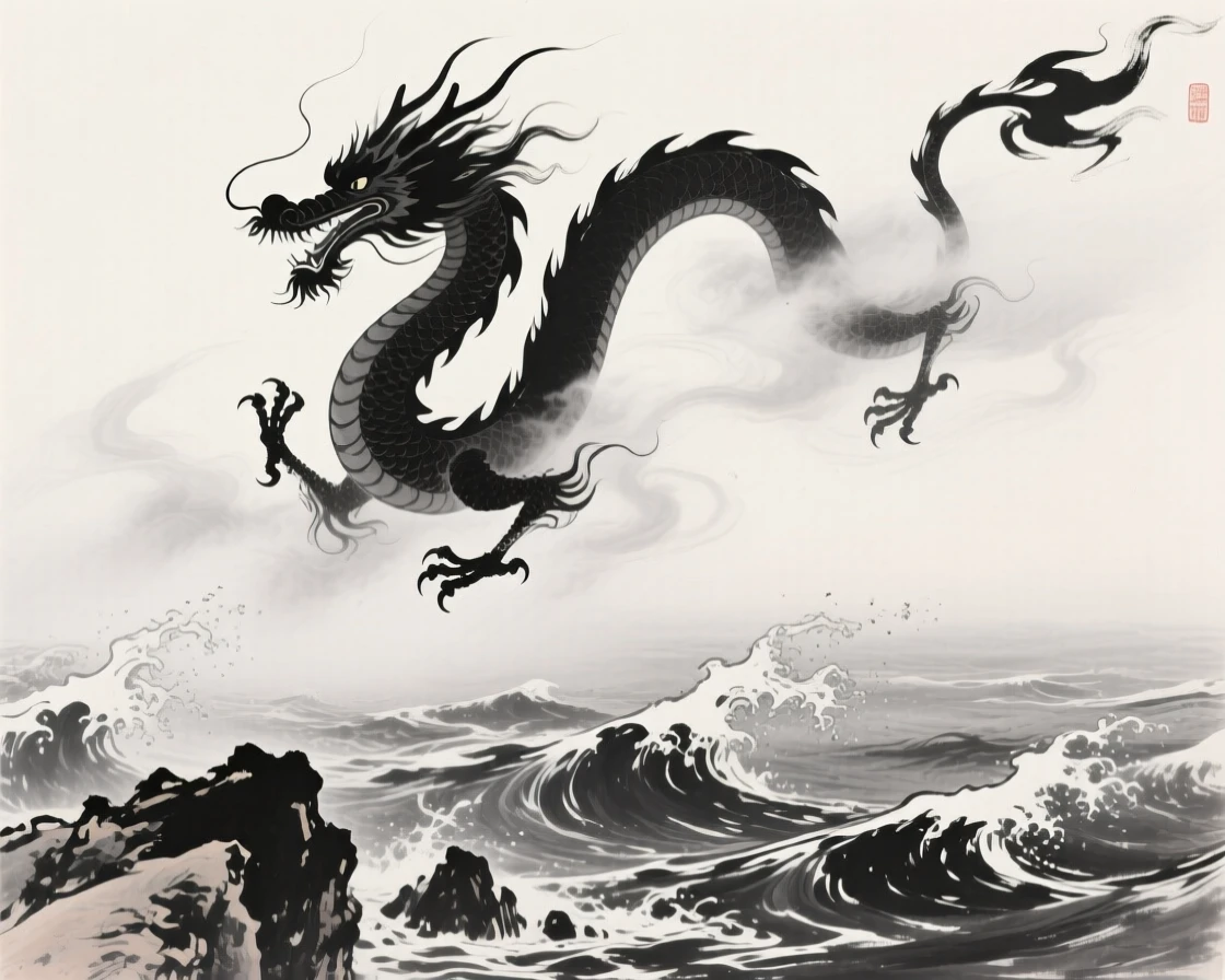A dragon rises from the mist over a turbulent sea, as waves crash against the rocks far below.