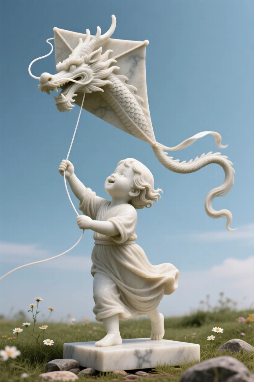 A beautifully composed image of a child flying a kite shaped like a dragon, captured with cinematic depth and detail, full of atmosphere and visual storytelling
