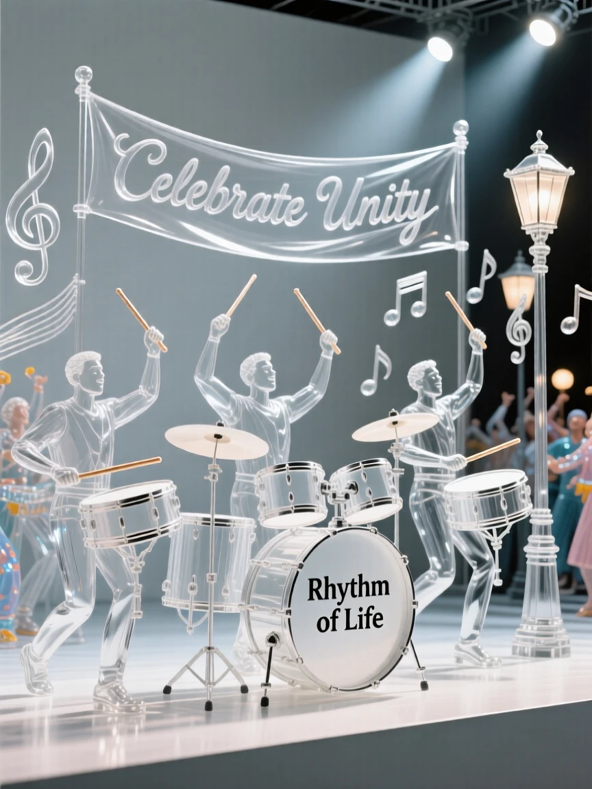 Drummers leading a vibrant parade through a bustling avenue with the whole street alive in color and motion