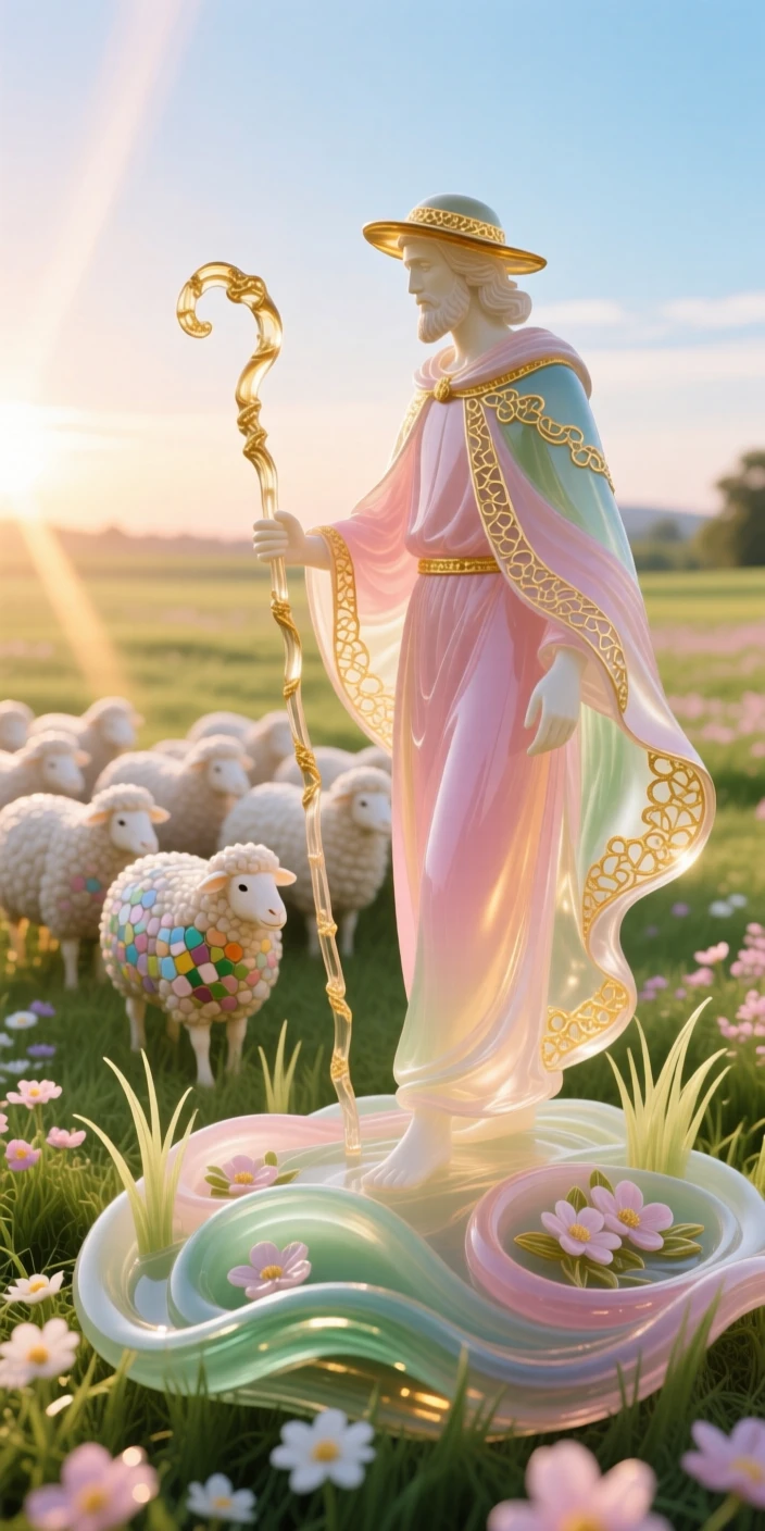 A lone shepherd guiding his flock across a blossoming spring meadow at dawn, pastoral and serene.