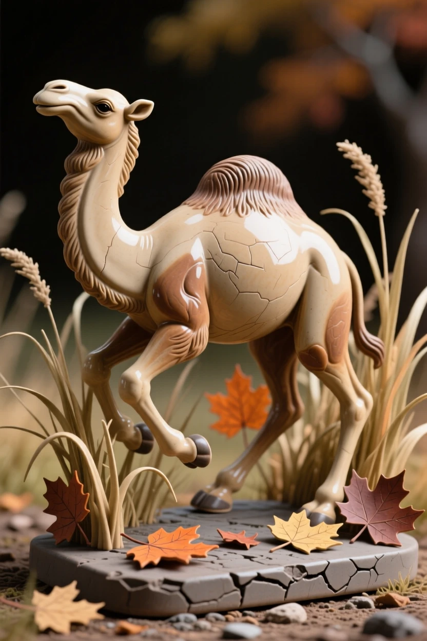 A camel resting in the shade bounding joyfully through tall grass, framed by scattered autumn leaves, evoking a quiet sense of wild dignity.