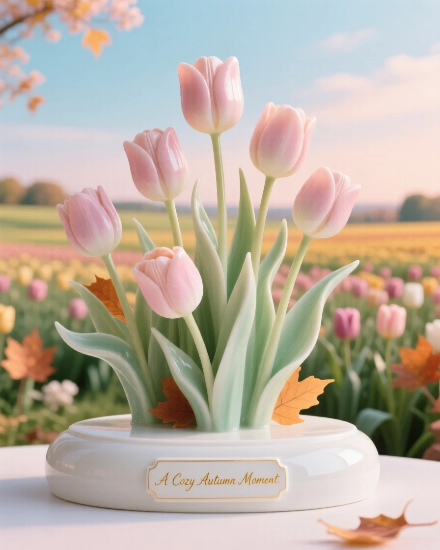 A cozy autumn moment: tulip fields stretching under a soft spring sky, framed by the colors of the season.