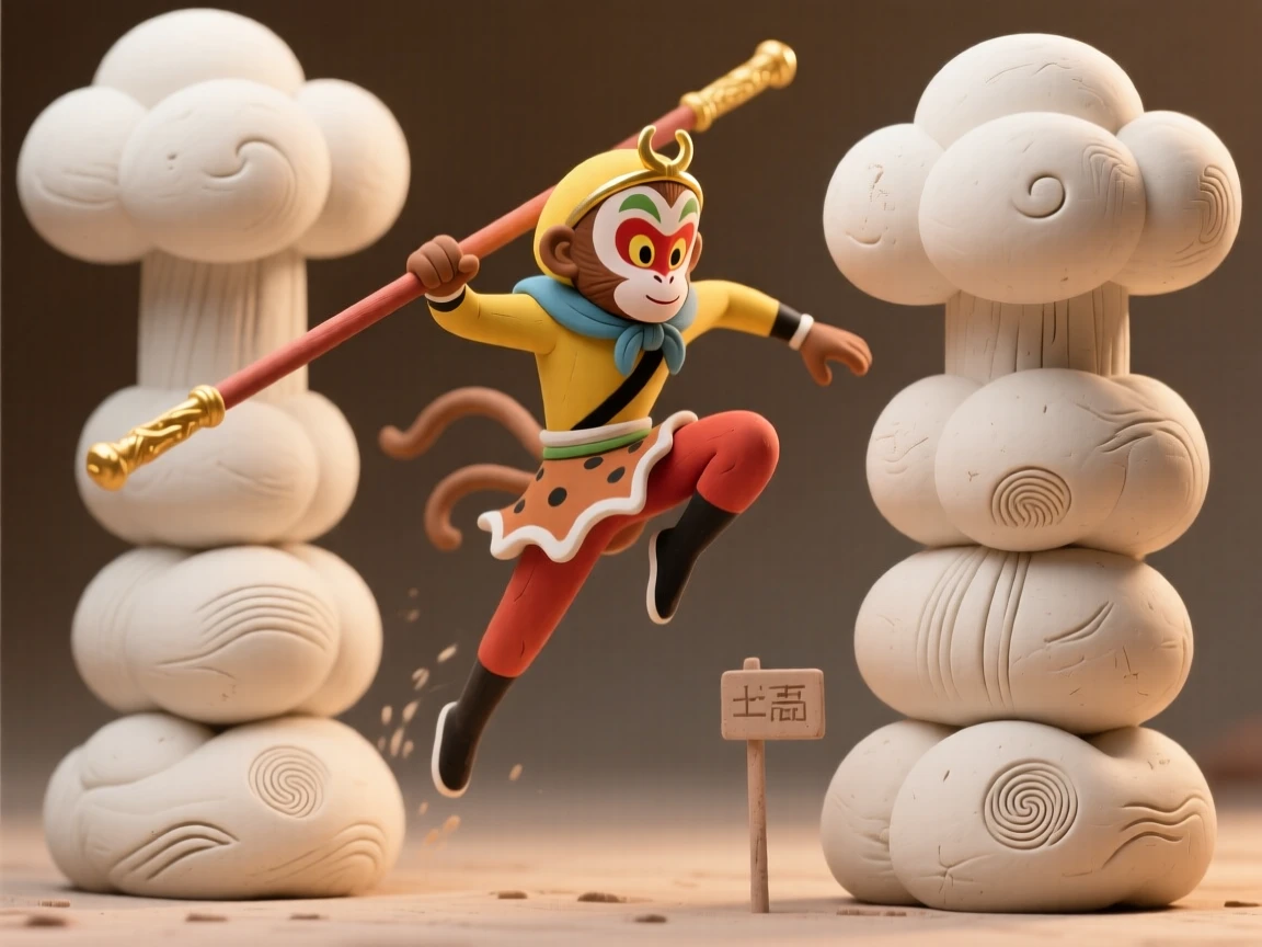 Sun Wukong the Monkey King leaping between cloud pillars