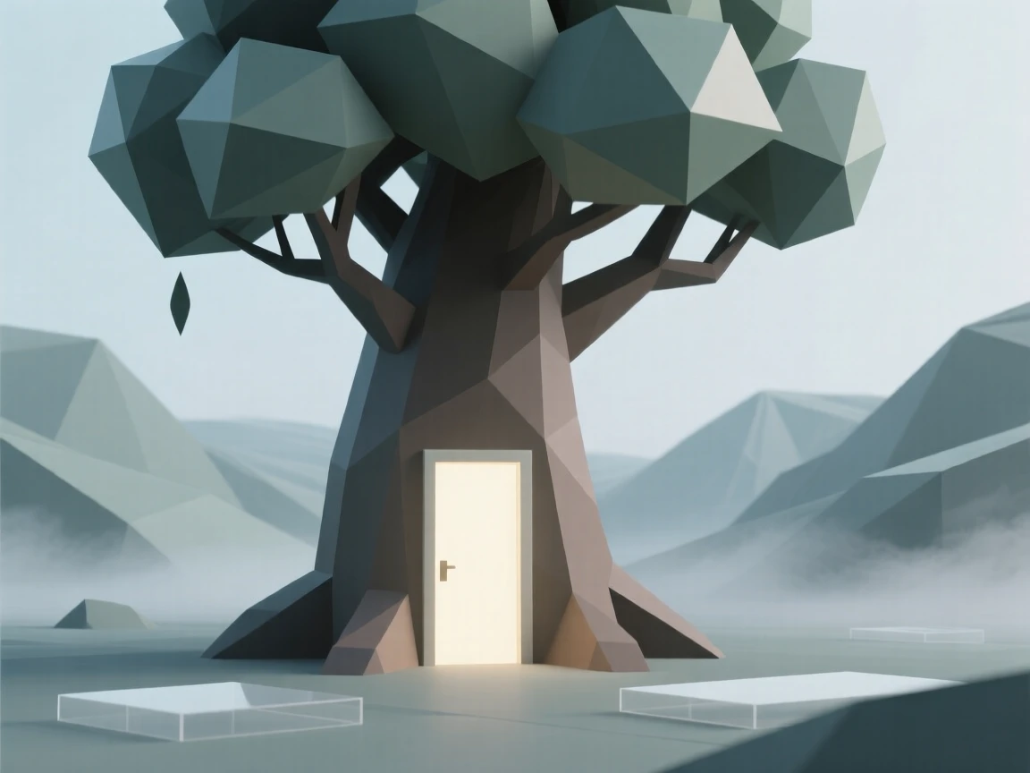 A giant tree with a glowing door carved into its trunk, within a valley shrouded in enchanted mist. rich color contrasts add depth to the fantasy setting. It radiates a feeling of legendary grandeur.