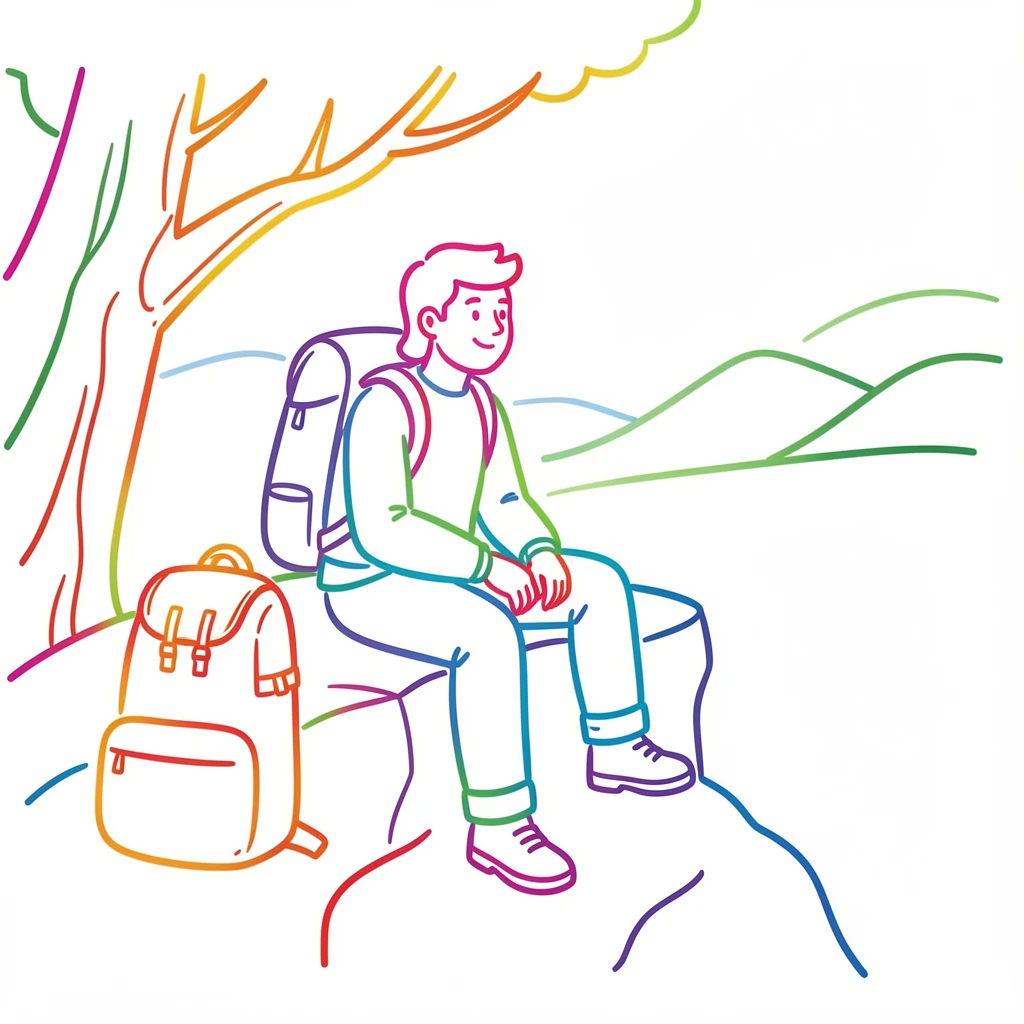 A hiker pausing at a scenic overlook, backpack resting beside them.