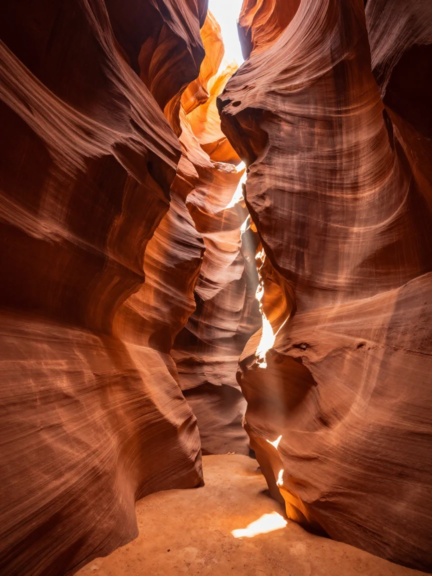 A slot canyon glowing amber as sunlight beams through narrow walls