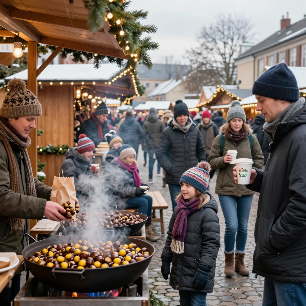 A market square fills with the smell of roasted chestnuts during a winter fair.