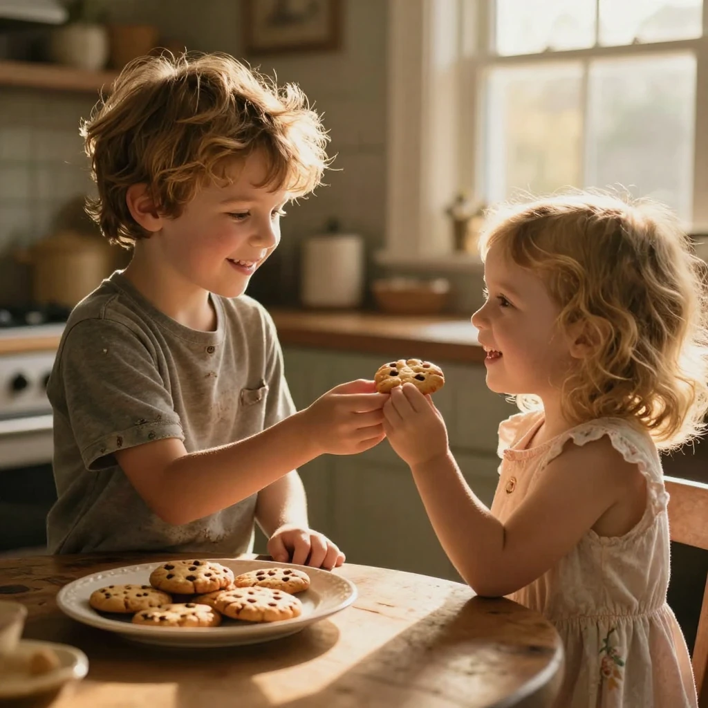 A little boy giving his last cookie to his younger sister without hesitation