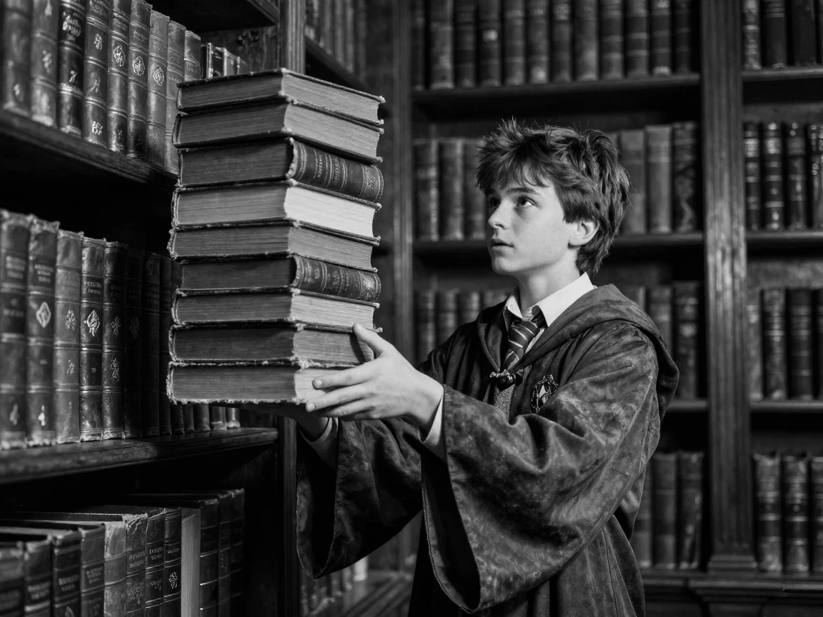 A young wizard's apprentice levitates a stack of old books beneath shelves of ancient tomes.