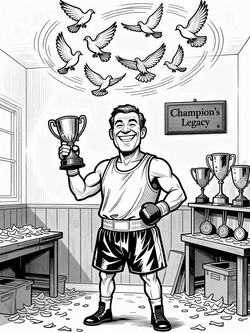 A retired boxer showing old trophies with pride, flexing with exaggerated bravado for the camera, set in a small workshop scattered with wood shavings. Pigeons flutter in a happy, chaotic circle. It captures the quiet joy of passing traditions down.