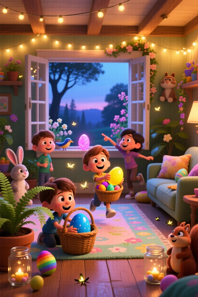 Kids hunting for hidden eggs in a spring garden happens in a living room decorated with twinkling lights, with fireflies flickering in the dusk. The atmosphere glows with tradition and family warmth.