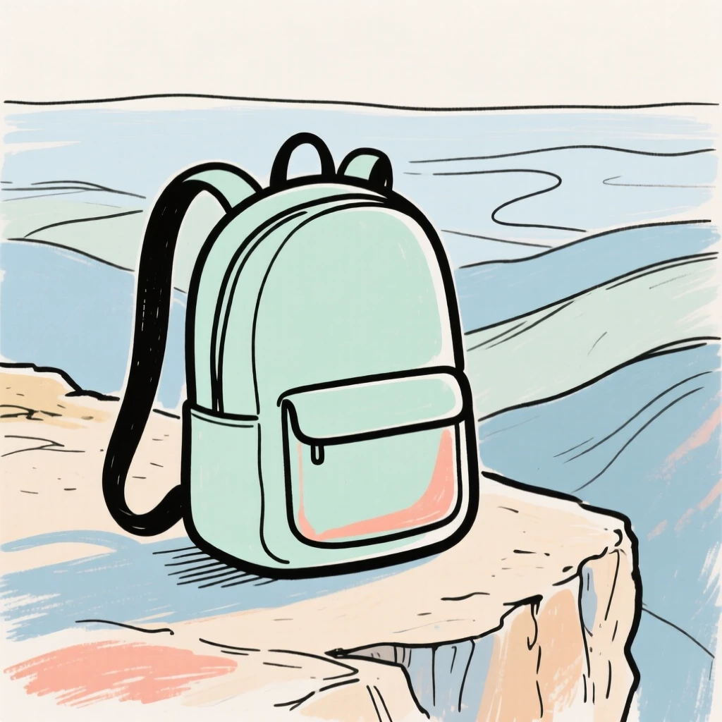 A backpack resting against a scenic overlook