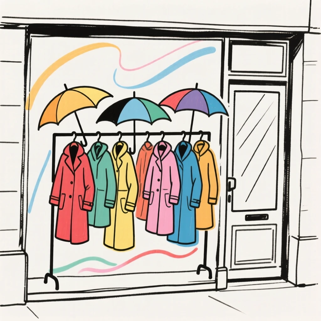 A rack of colorful raincoats and umbrellas by a shop entrance.