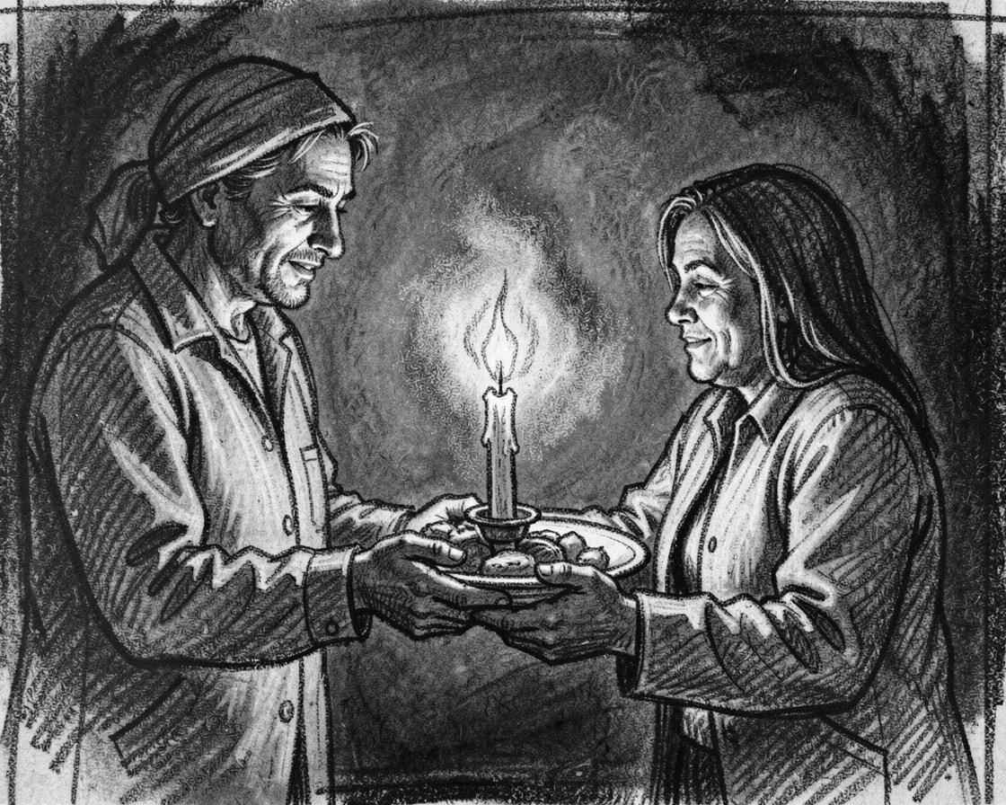 A volunteer handing food to someone in need, as soft candlelight flickers nearby.