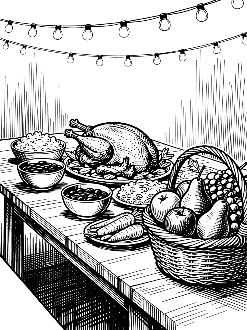 A thanksgiving table laden with a harvest feast beneath strings of warm glowing lights, with a basket overflowing with seasonal fruit, capturing a wonderfully inviting seasonal moment.