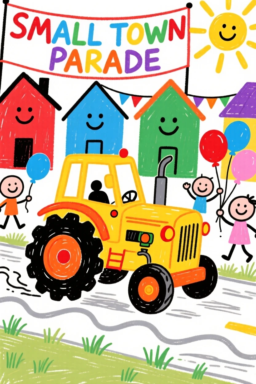 A sturdy yellow tractor rolling through a small town parade.