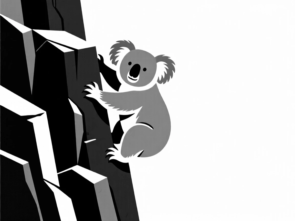A koala climbing a rugged cliff face.