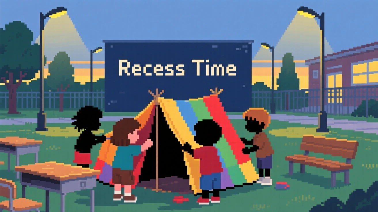 A group of children building a blanket fort gathered close as the streetlights flicker on, in a schoolyard during recess.