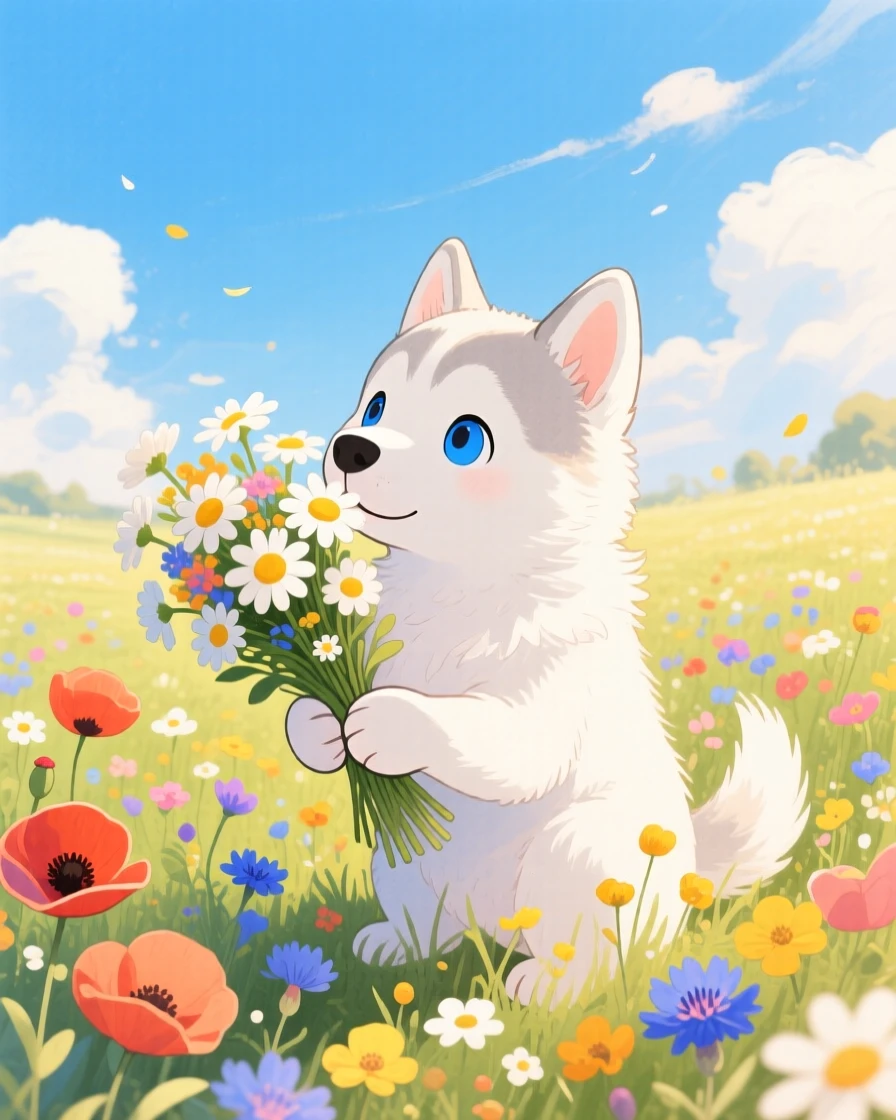 A snow-white husky puppy sniffing a bouquet of daisies, set in a meadow bursting with wildflowers under a blue sky, evoking warmth and gentle affection.