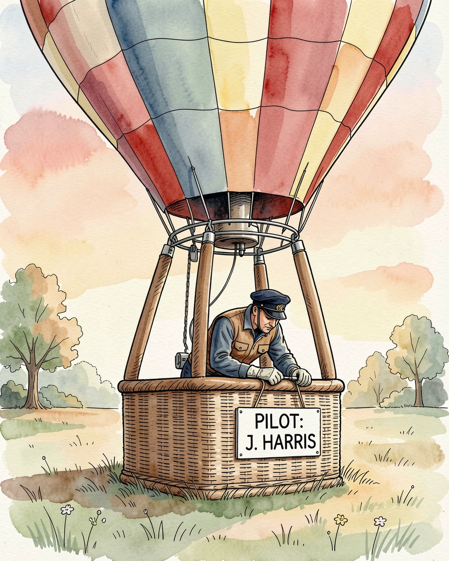 A hot air balloon pilot preparing for takeoff at sunrise, a quiet sense of skill and patience throughout the scene.