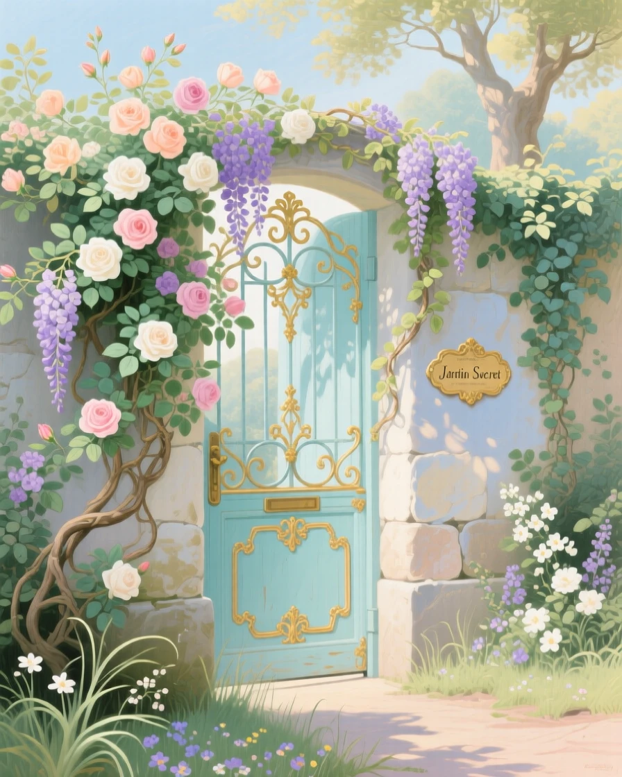 A secret garden door hidden behind flowering vines  
