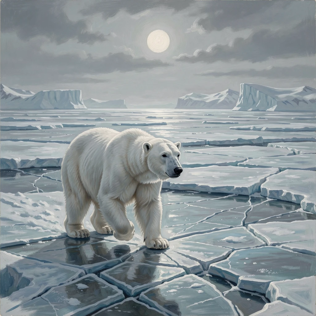 A polar bear crosses a vast expanse of arctic ice under a pale sun.