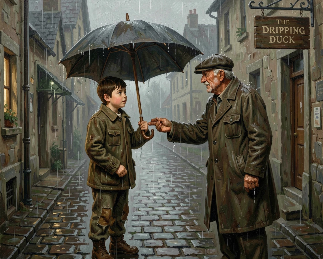A young boy giving his only umbrella to a stranger caught in the rain, as the moment feels both deeply personal and universally relatable, offering a genuinely moving and unforgettable emotional moment