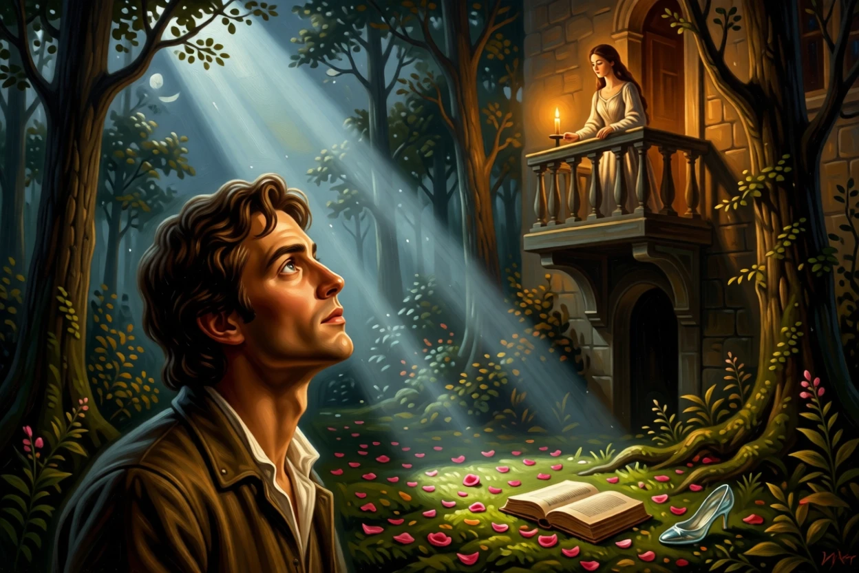 Romeo gazing up toward Juliet's candlelit balcony as the audience holds its breath in anticipation, set within an enchanted forest clearing bathed in soft light, with scattered rose petals, an open storybook, and a forgotten glass slipper; a diagonal beam of moonlight highlights the pivotal narrative moment, evoking nostalgia, wonder, and the timeless magic of storytelling.