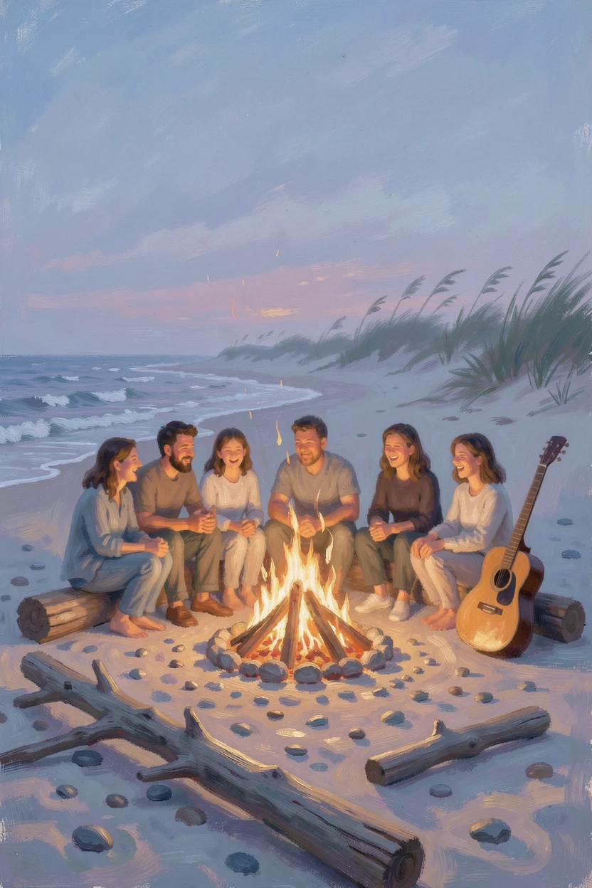 A community bonfire celebration on a beach at dusk, friends gathered around with music and laughter, in the gentle hush of early morning, filled with warmth and nostalgia.