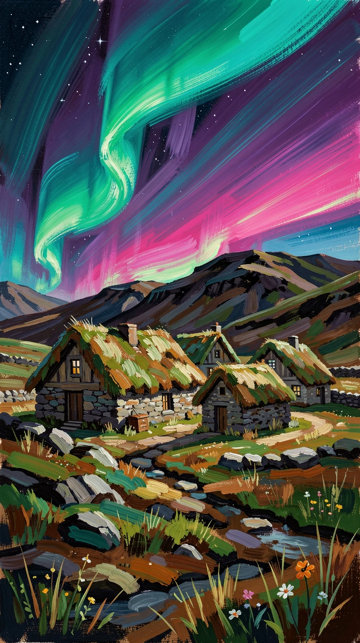 Traditional Icelandic turf houses nestled beneath a sky alive with the northern lights.
