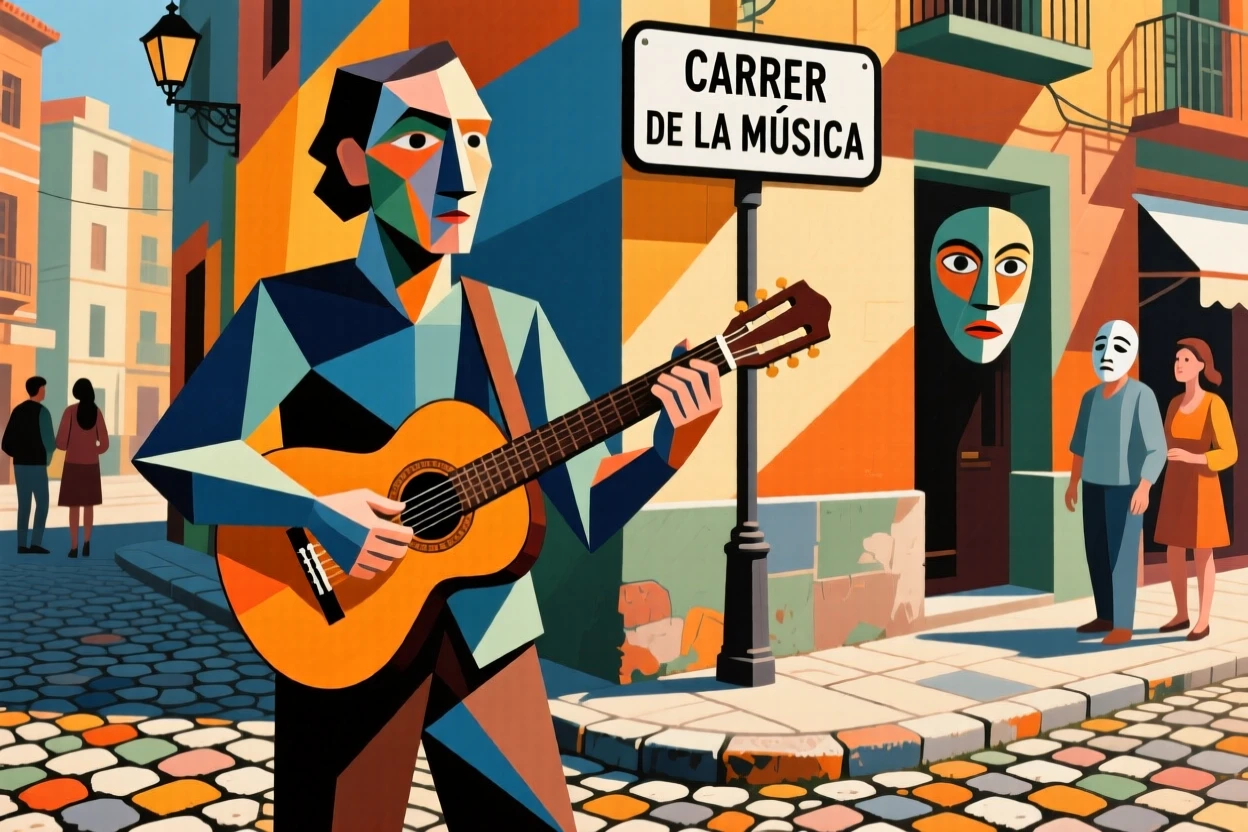 A street musician playing guitar for passersby on a sunlit cobblestone corner.