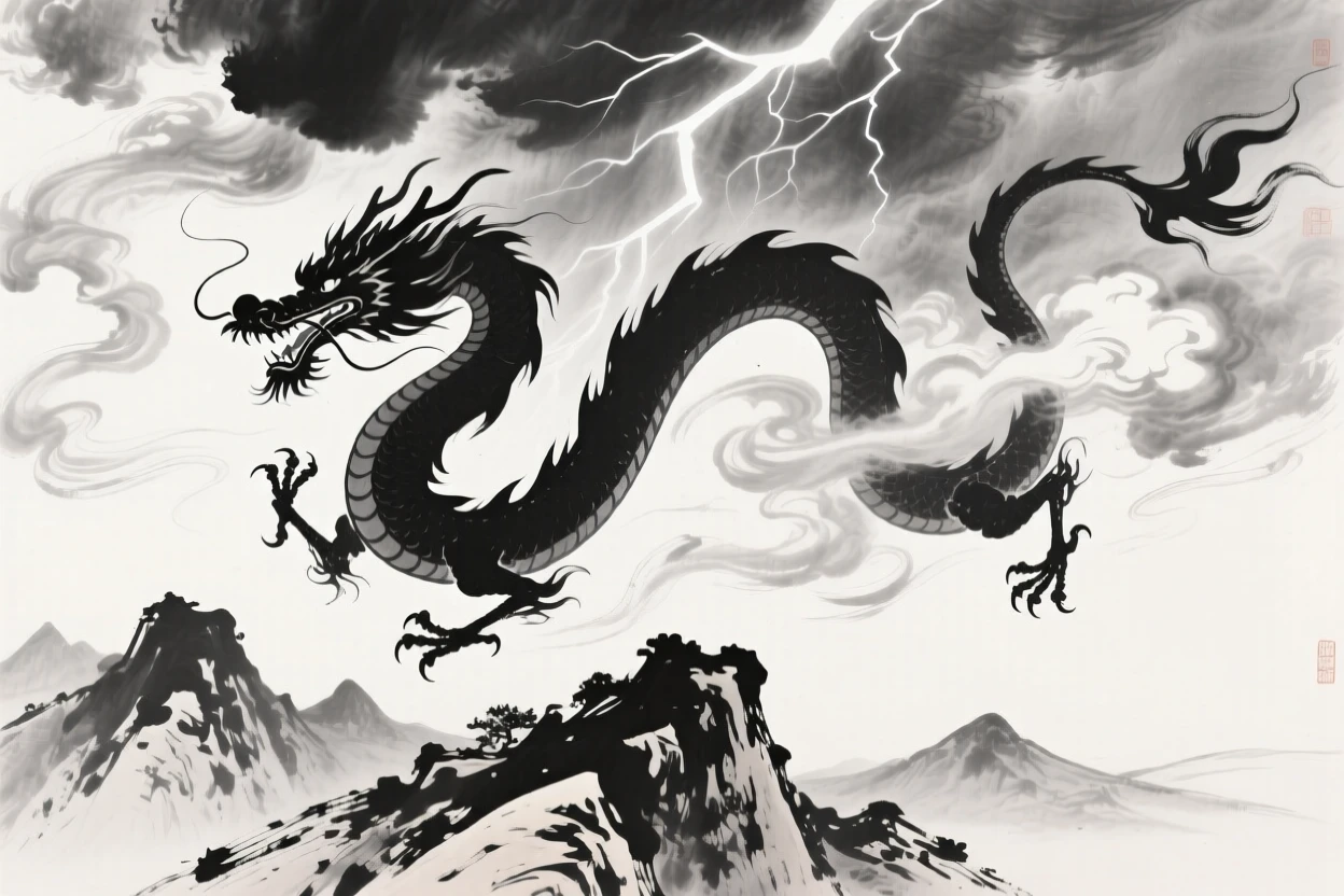 A great dragon coils among storm clouds above a mountain range, beneath swirling clouds lit by distant lightning.